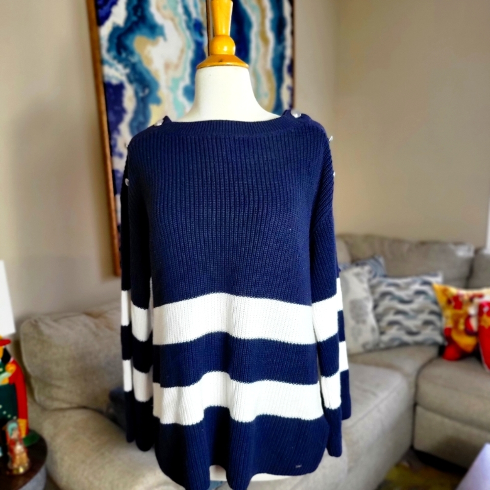 Tommy Hilfiger Navy & White Sweater W Bell Bottom Sleeves W Metal Buttons Sz L